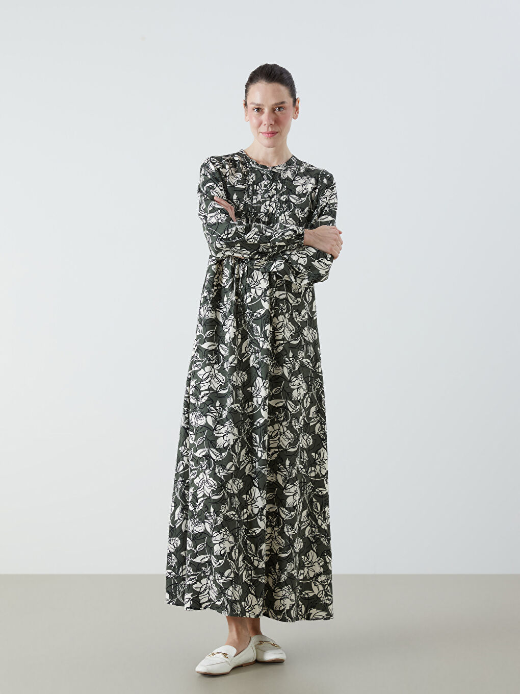 LCW Grace Crew Neck Patterned A-Line Dress -W5FL82Z8-LS6