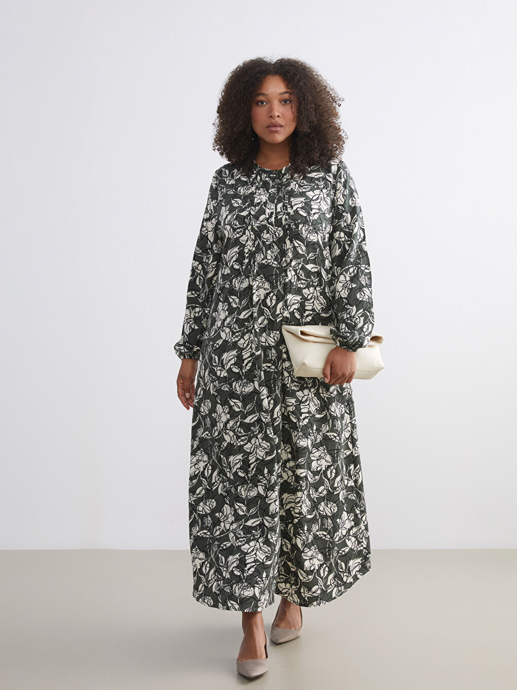 Plus Size Crew Neck Patterned A-Line Dress-2