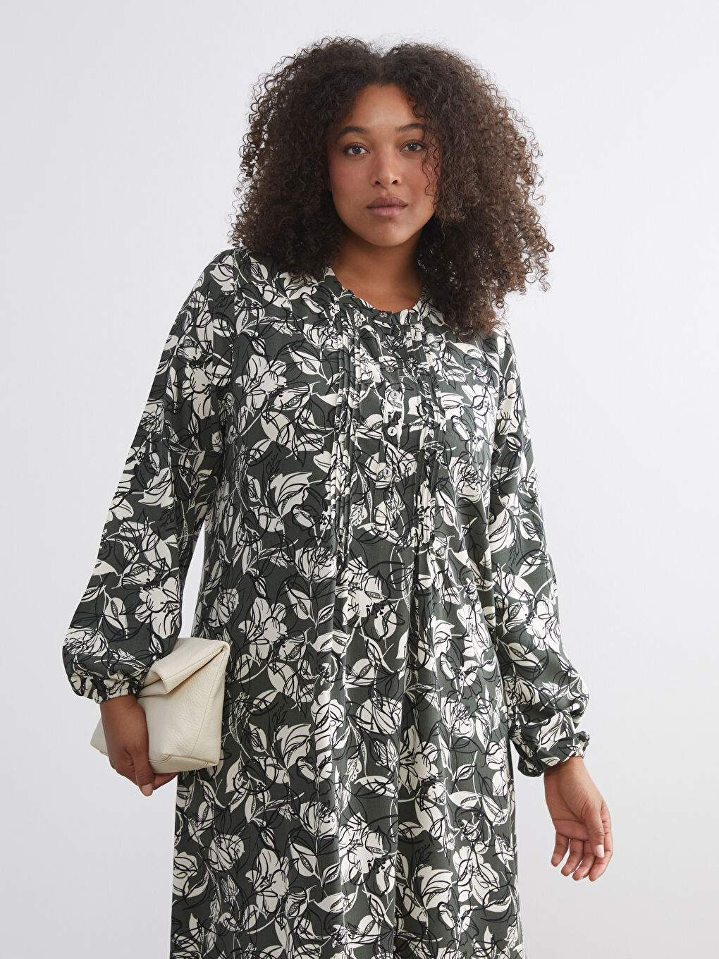 Plus Size Crew Neck Patterned A-Line Dress-6
