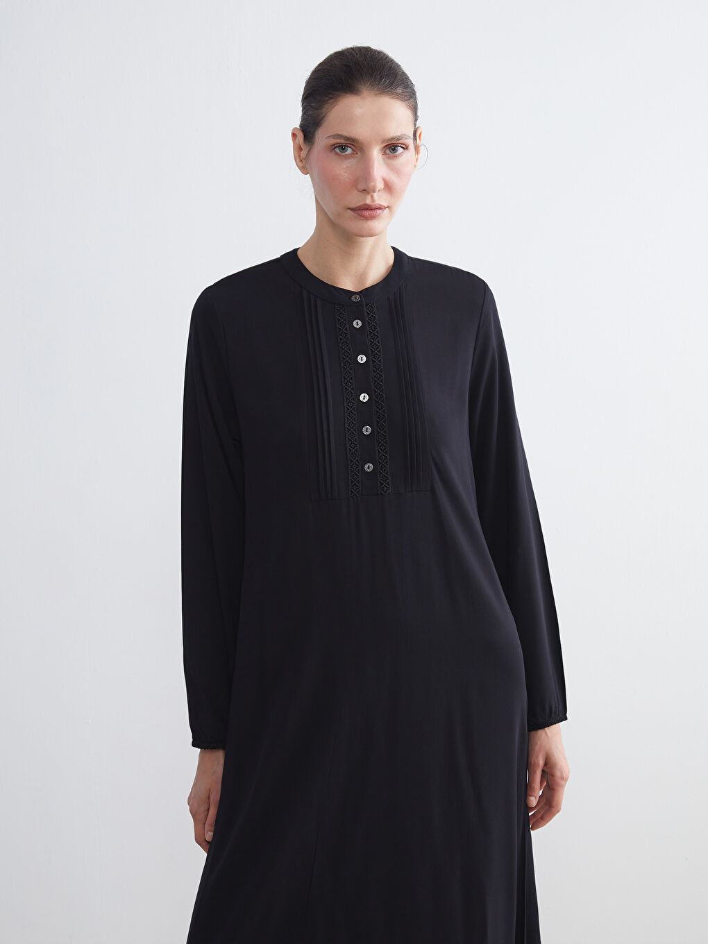 Grandad Collar Button Detailed Long Dress-2