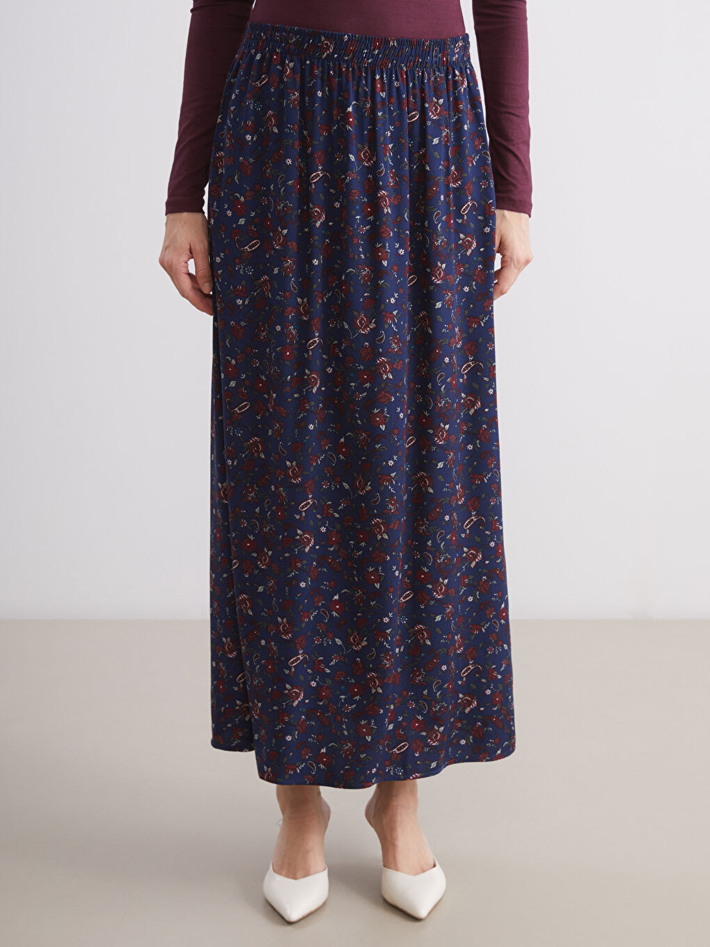 Lacivert Beli Lastikli Desenli A Kesim Etek-1