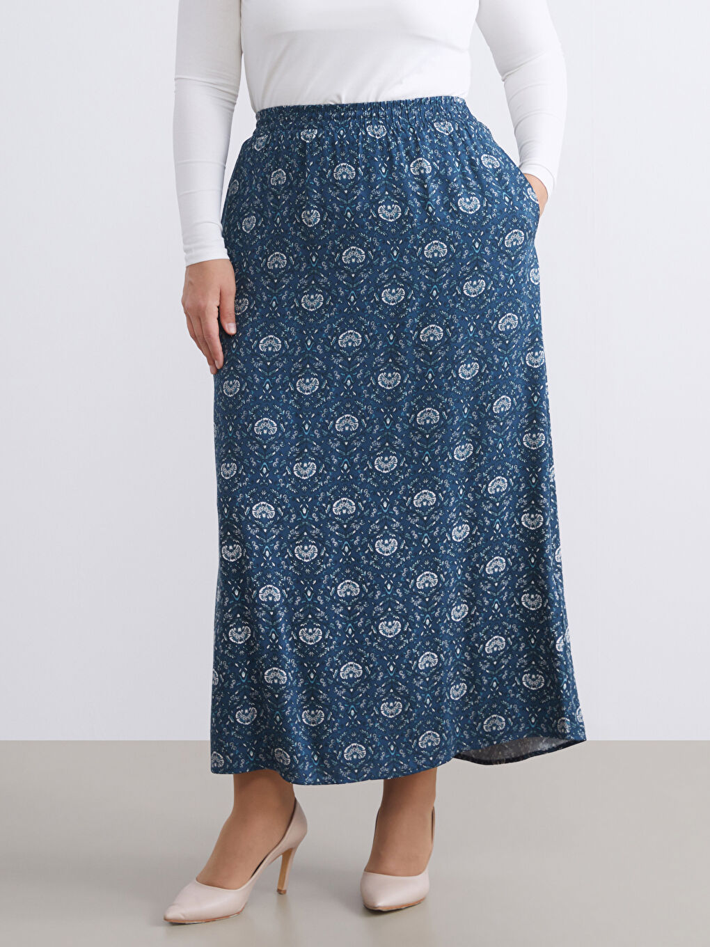 Lacivert Beli Lastikli Desenli A Kesim Etek-5