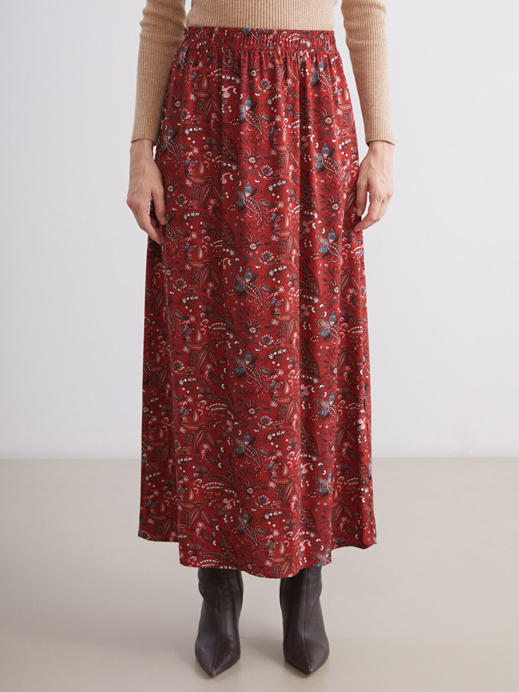 Kırmızı Beli Lastikli Desenli A Kesim Etek-1