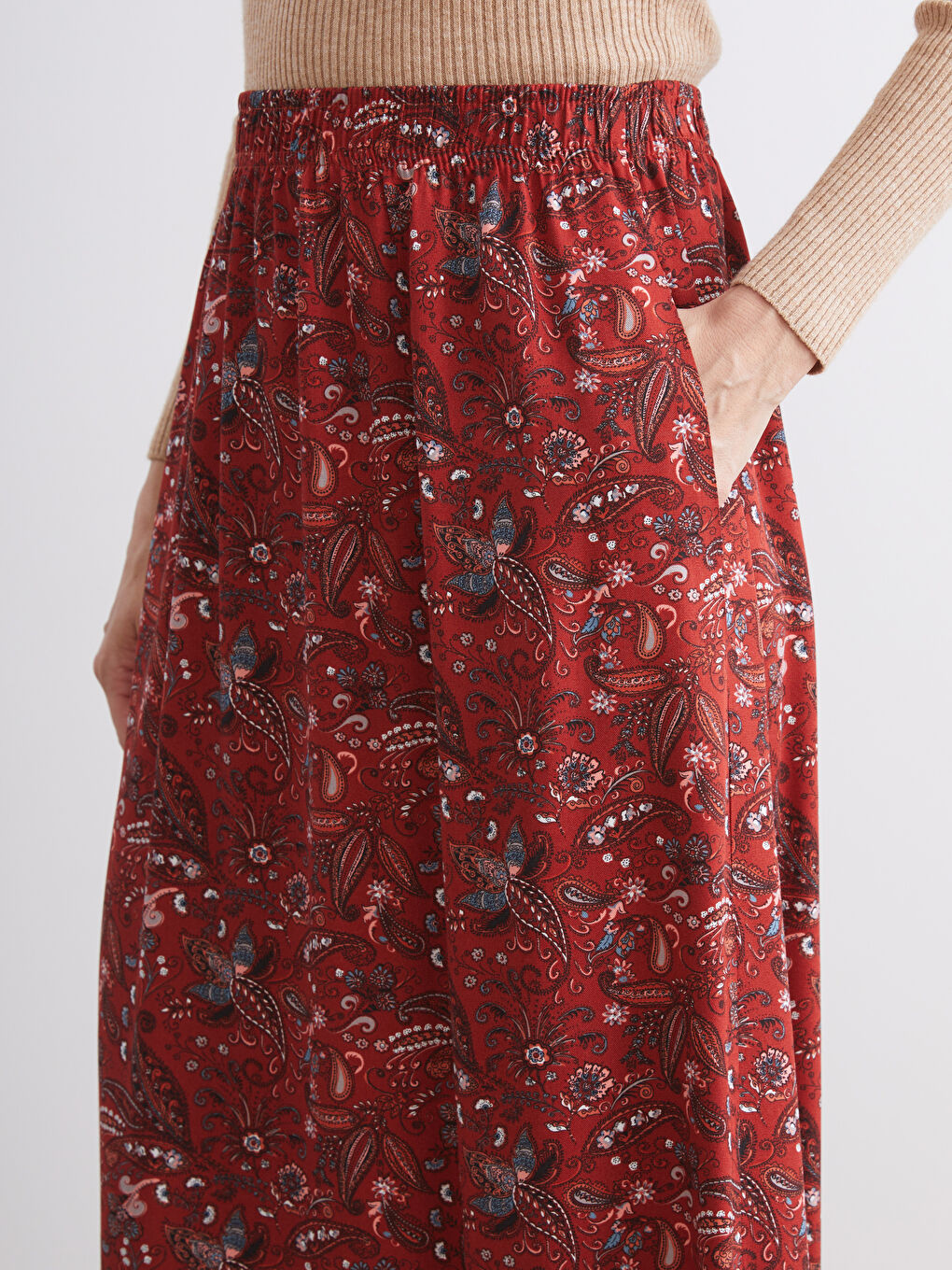 Kırmızı Beli Lastikli Desenli A Kesim Etek-2