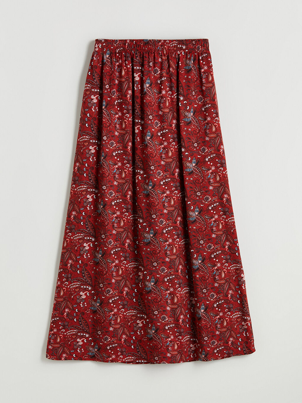 Kırmızı Beli Lastikli Desenli A Kesim Etek-4