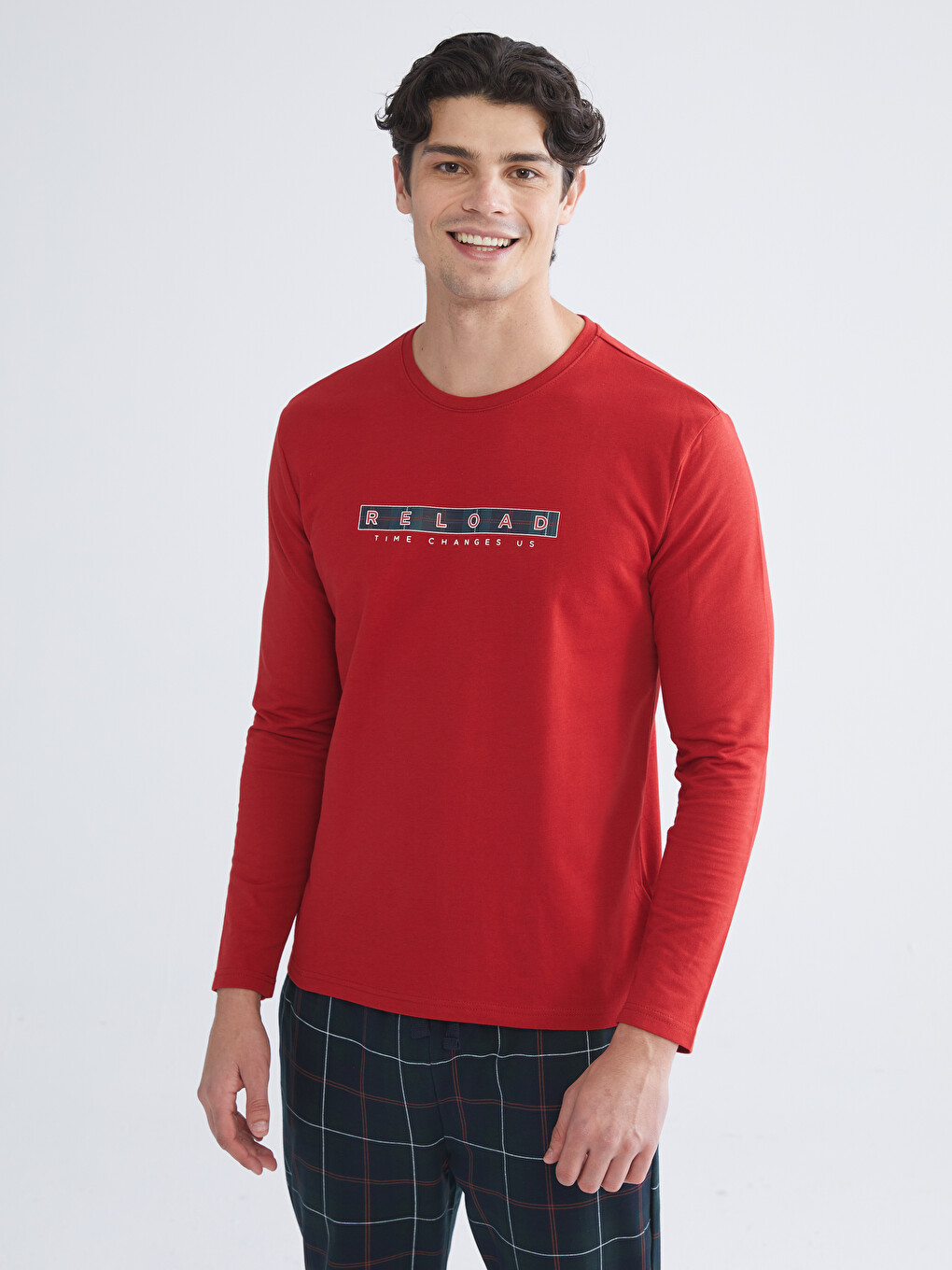 Kırmızı Bisiklet Yaka Uzun Kollu Baskılı Erkek Pijama Üst