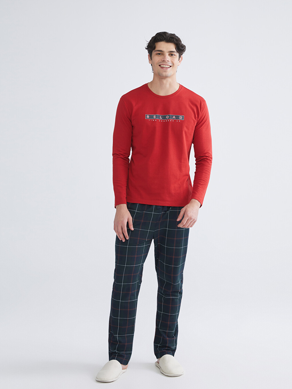 Kırmızı Bisiklet Yaka Uzun Kollu Baskılı Erkek Pijama Üst-1