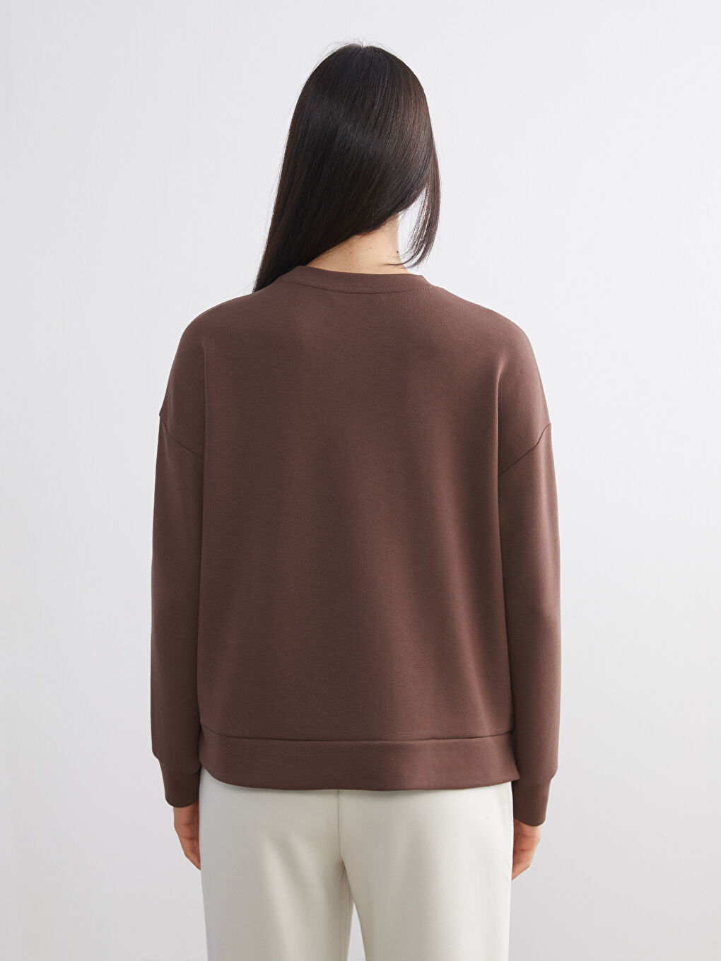 Kahverengi Bisiklet Yaka Oversize Kadın Sweatshirt-3