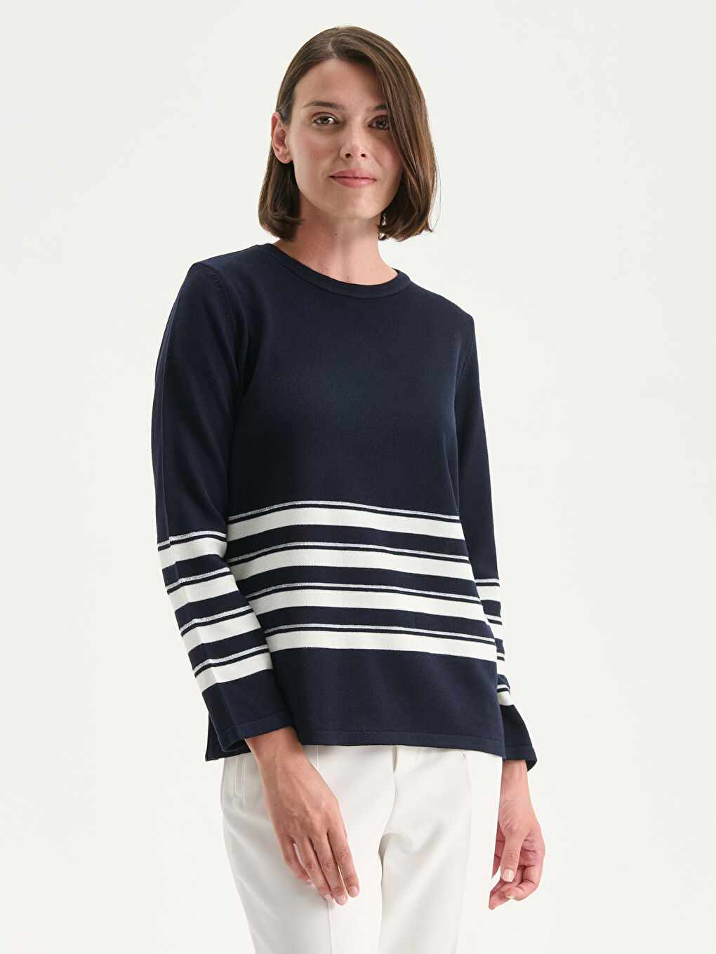 Crew Neck Striped Women's Knitwear Sweater