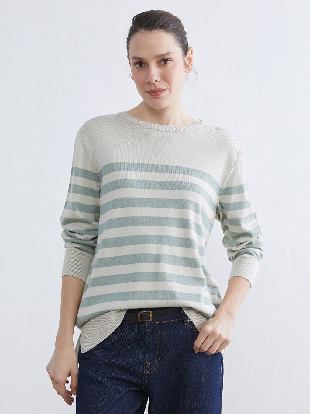 Crew Neck Striped Women's Knitwear Sweater