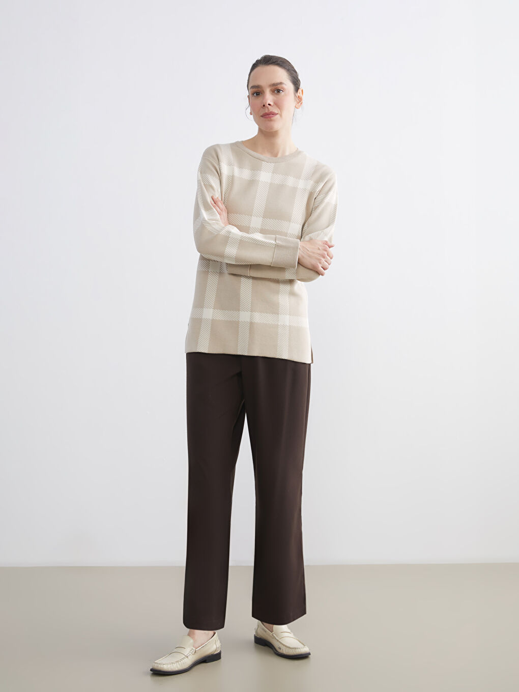 Ekru Bisiklet Yaka Ekose Kadın Triko Kazak-1