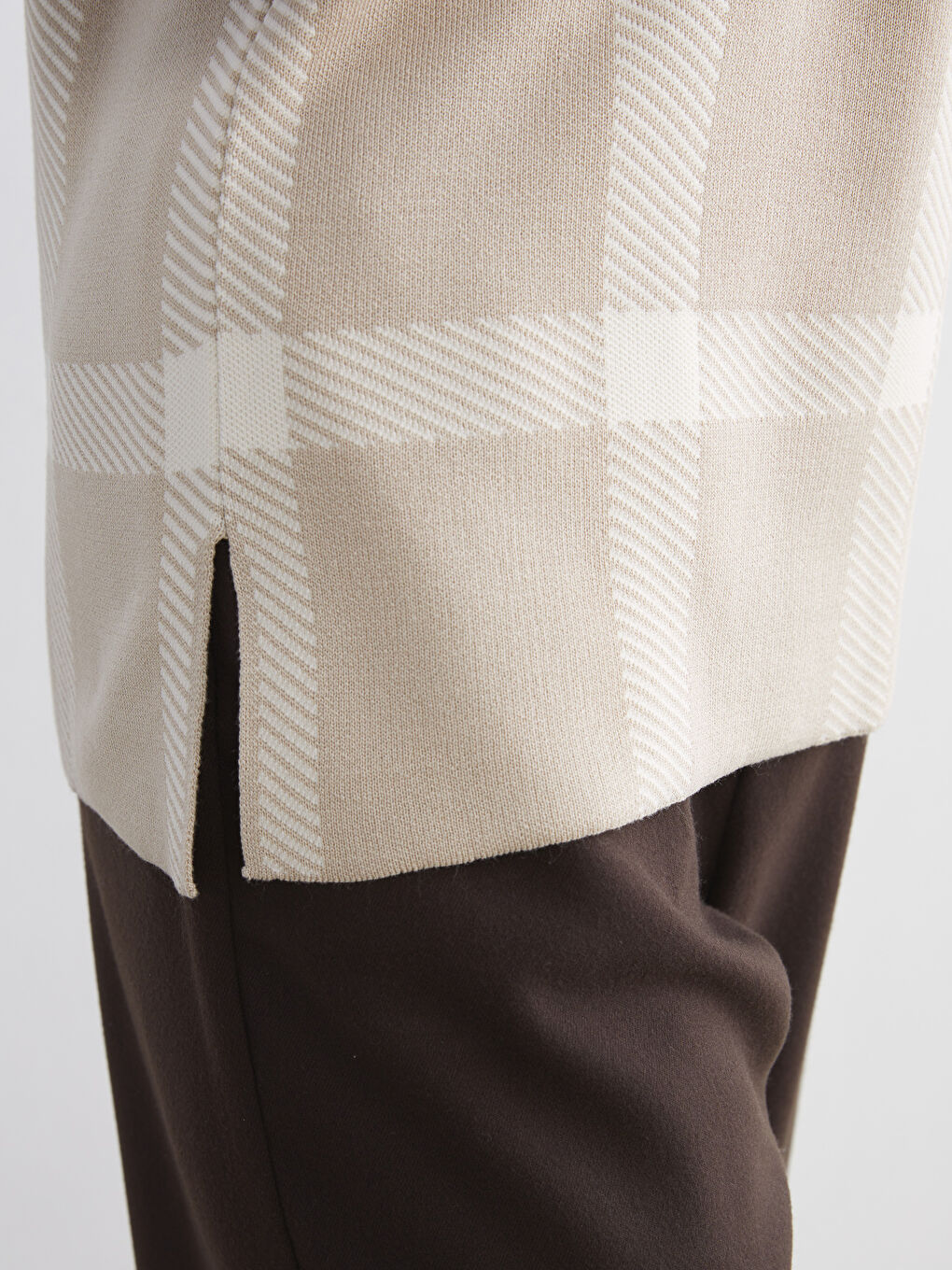 Ekru Bisiklet Yaka Ekose Kadın Triko Kazak-2