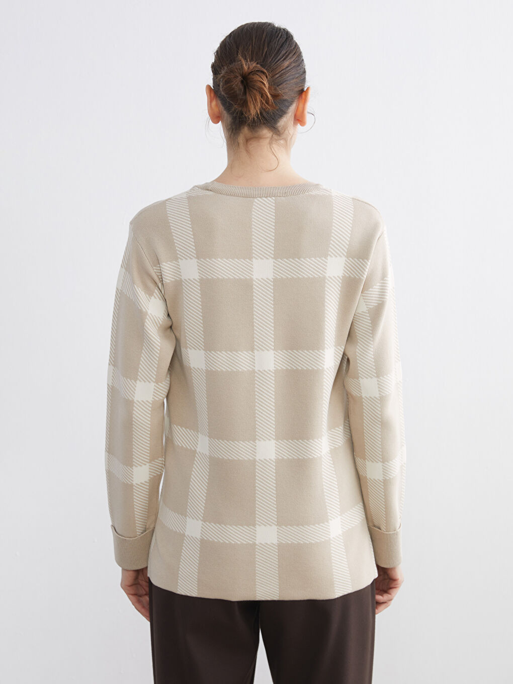 Ekru Bisiklet Yaka Ekose Kadın Triko Kazak-3