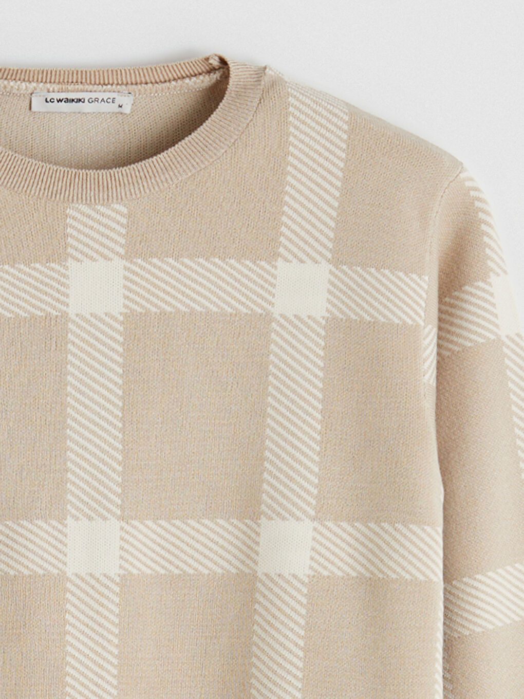 Ekru Bisiklet Yaka Ekose Kadın Triko Kazak-4