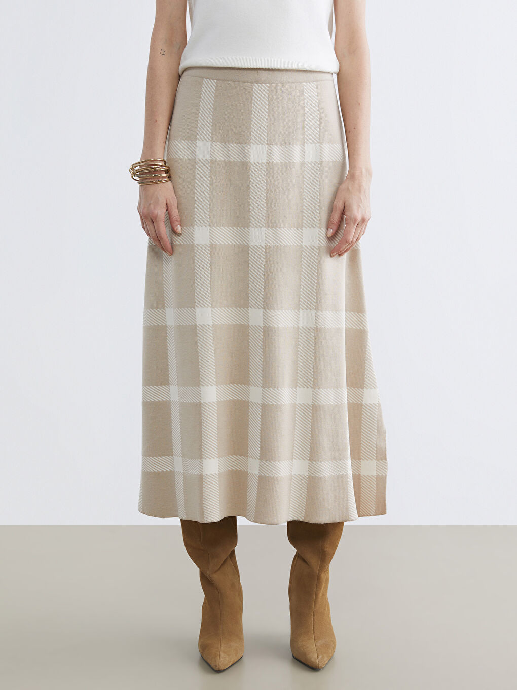 Ekru Beli Lastikli Ekose A Kesim Triko Etek-1