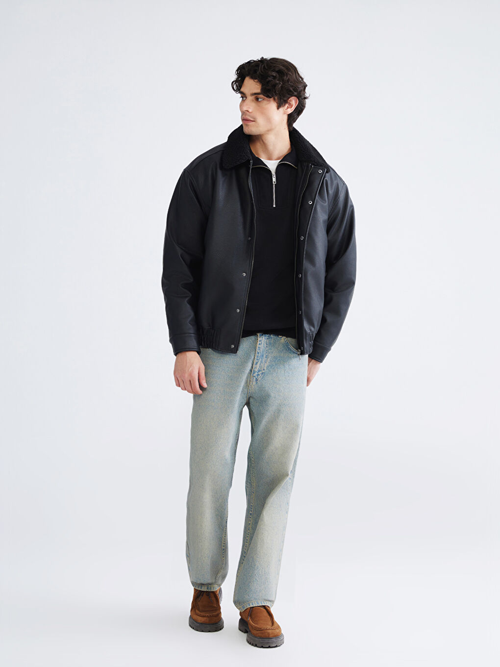 Siyah Pelüş Yaka Erkek Deri Görünümlü Mont-1