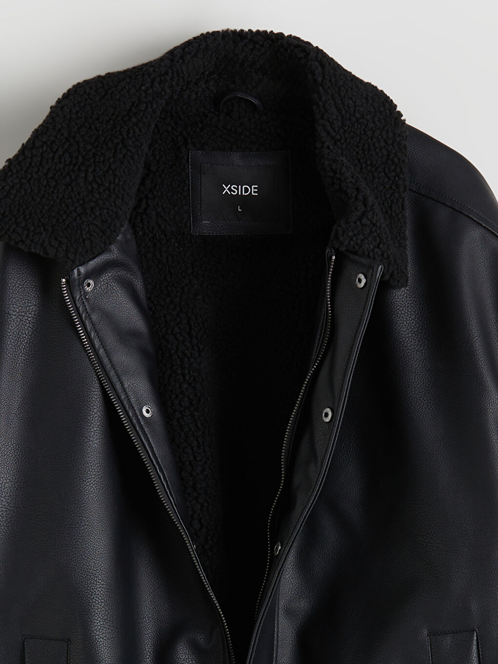 Siyah Pelüş Yaka Erkek Deri Görünümlü Mont-6