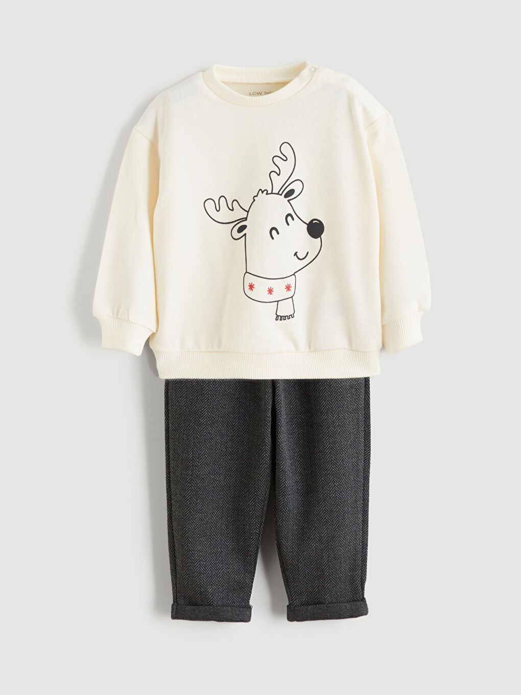 Ekru Geyik Baskılı Erkek Bebek Sweatshirt ve Pantolon-1