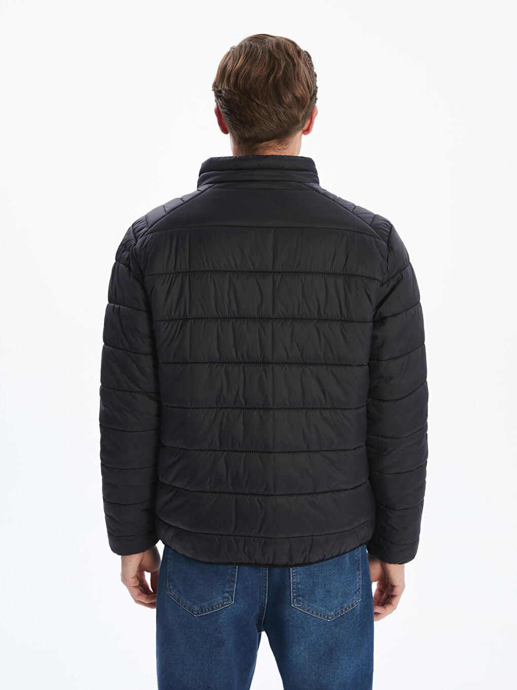 Siyah Standart Kalıp Dik Yaka Erkek Şişme Mont-4