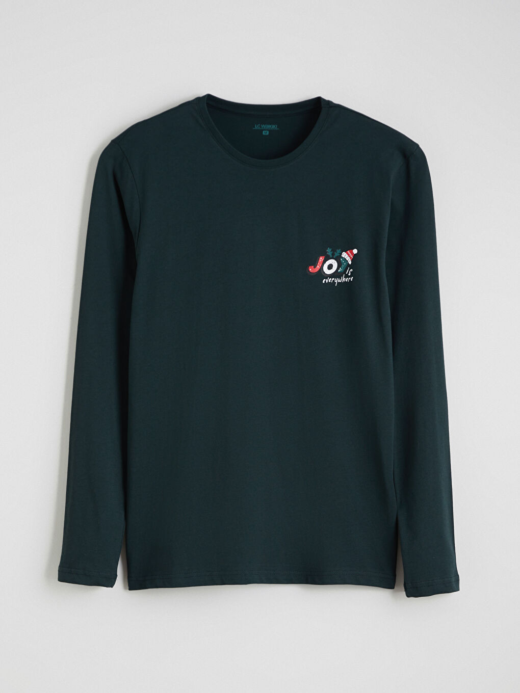 Yeşil Bisiklet Yaka Uzun Kollu Yılbaşı Temalı Erkek Pijama Üst