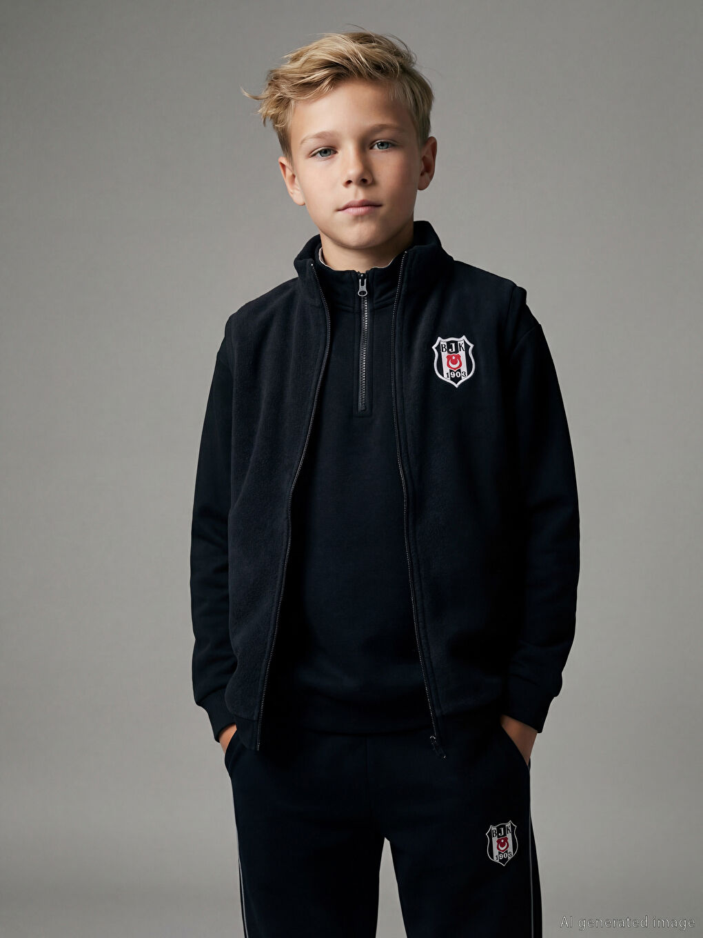 Siyah Dik Yaka Beşiktaş Baskılı Polar Erkek Çocuk Yelek