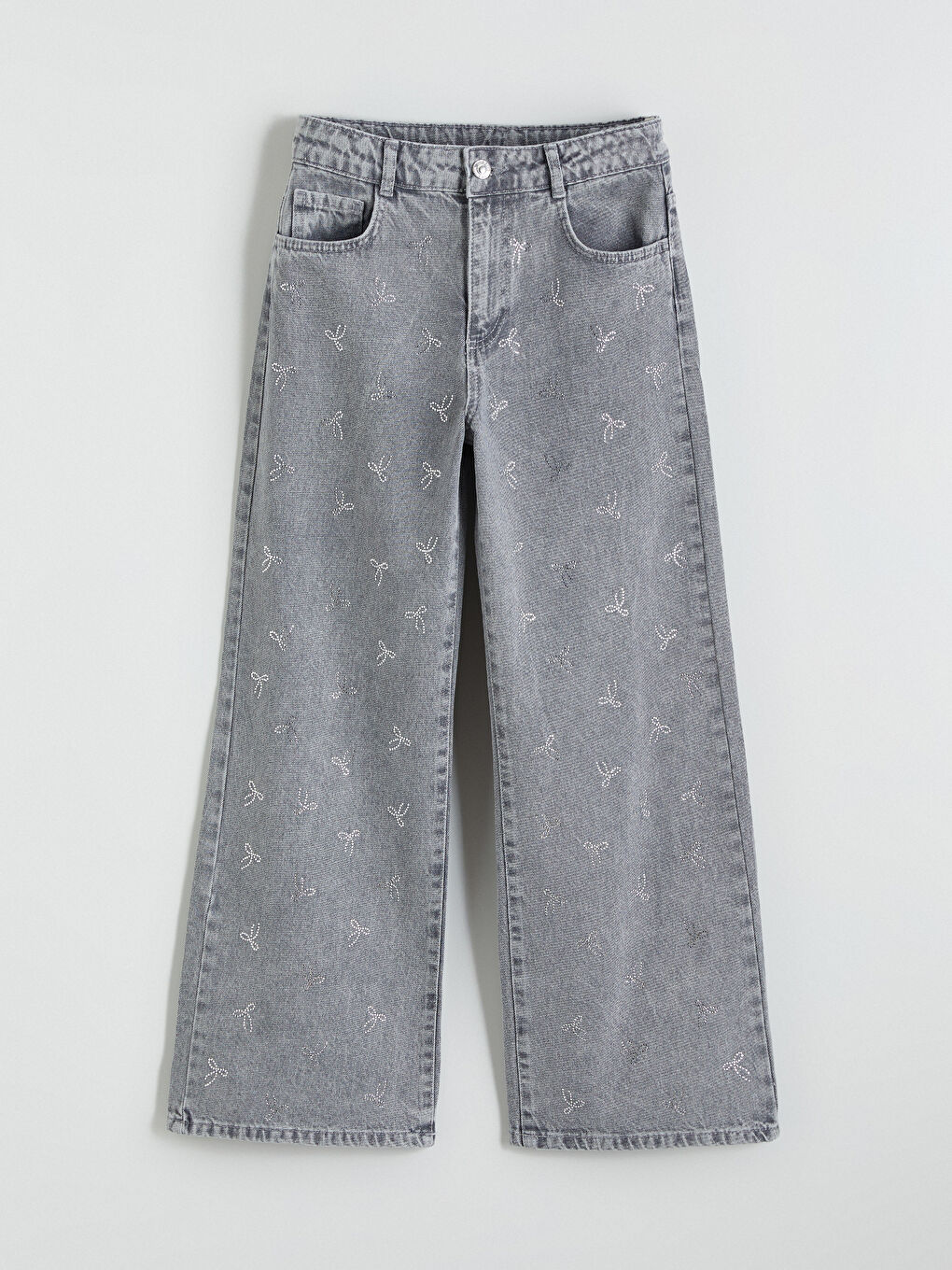 Gri Wideleg Taşlı Kız Çocuk Jean Pantolon