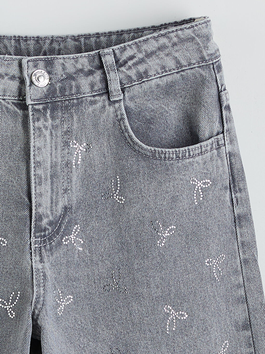 Gri Wideleg Taşlı Kız Çocuk Jean Pantolon-1