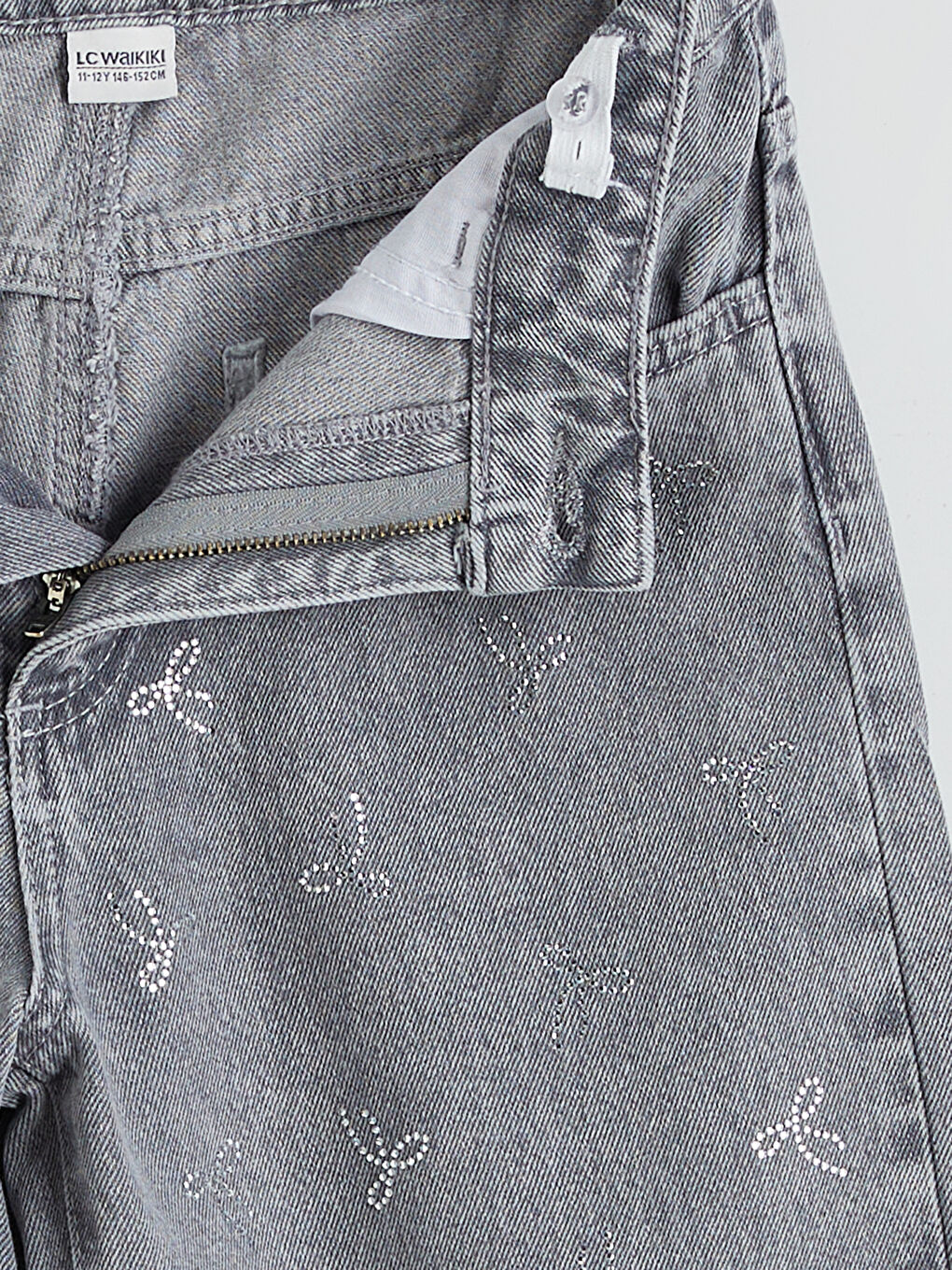 Gri Wideleg Taşlı Kız Çocuk Jean Pantolon-2