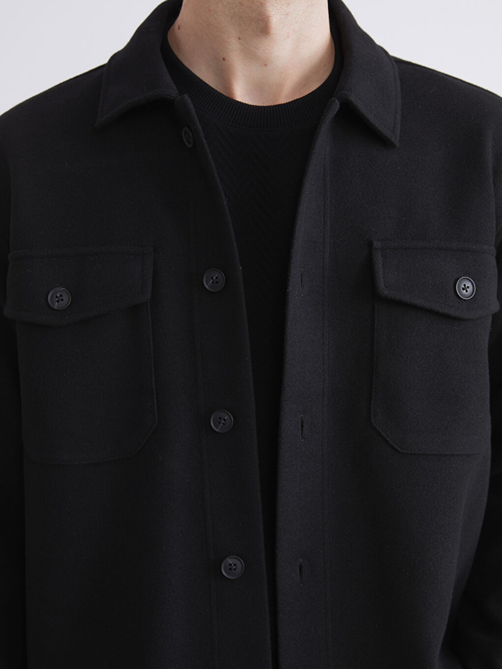 Siyah Regular Fit Uzun Kollu Kaşe Erkek Gömlek Ceket-2