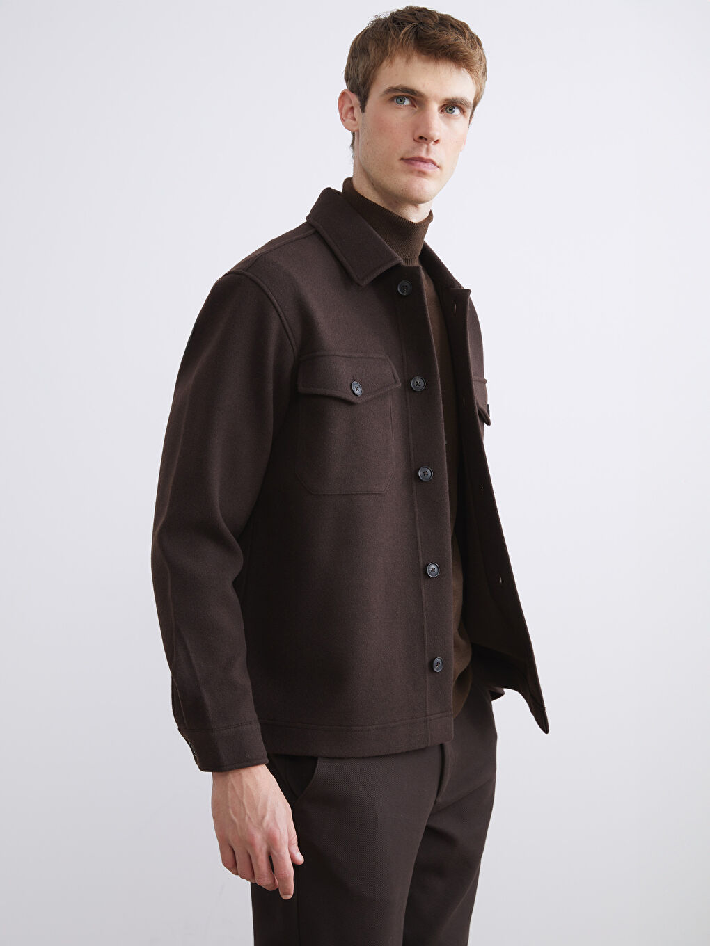 Kahverengi Regular Fit Uzun Kollu Kaşe Erkek Gömlek Ceket