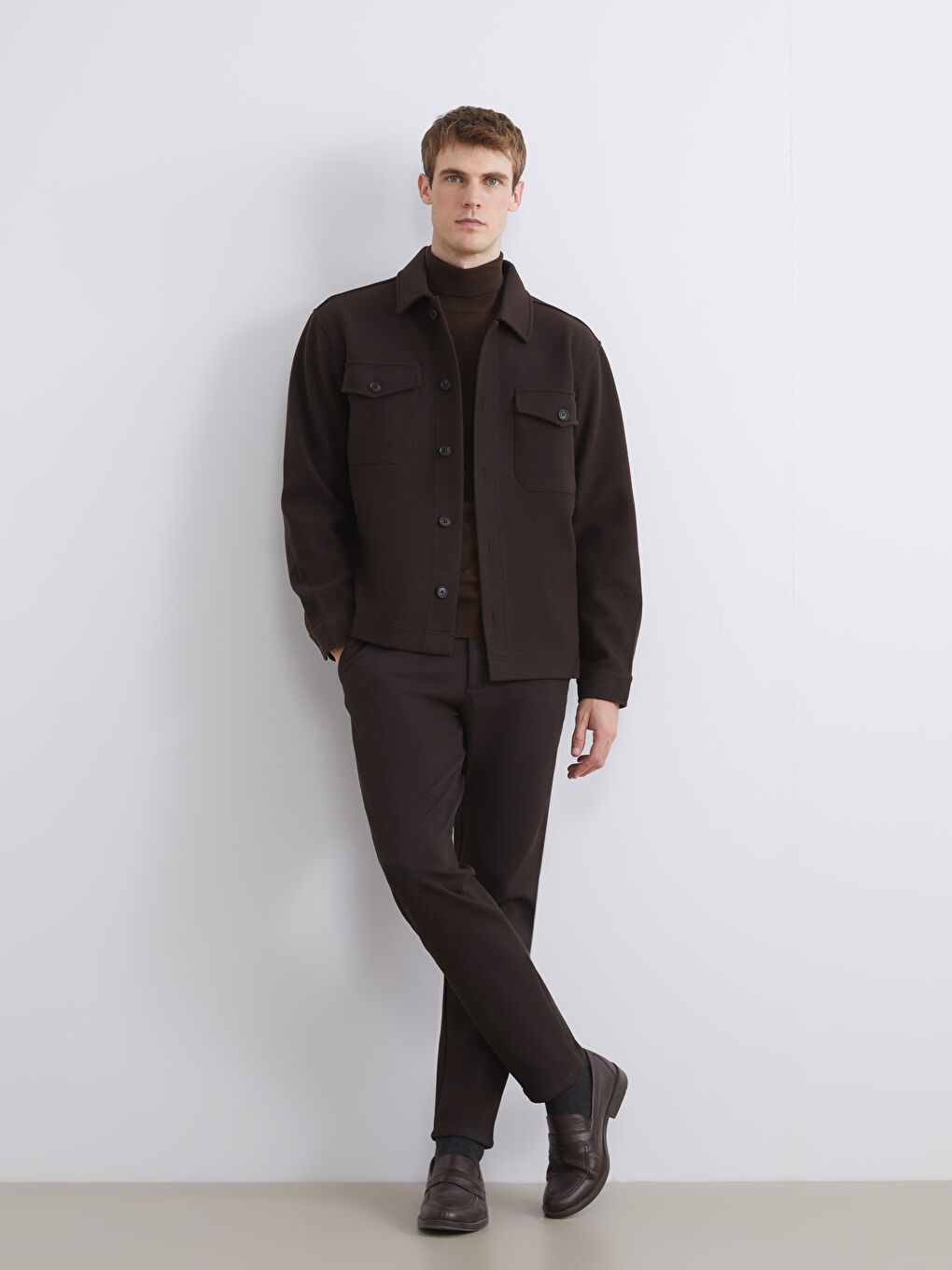 Kahverengi Regular Fit Uzun Kollu Kaşe Erkek Gömlek Ceket-1