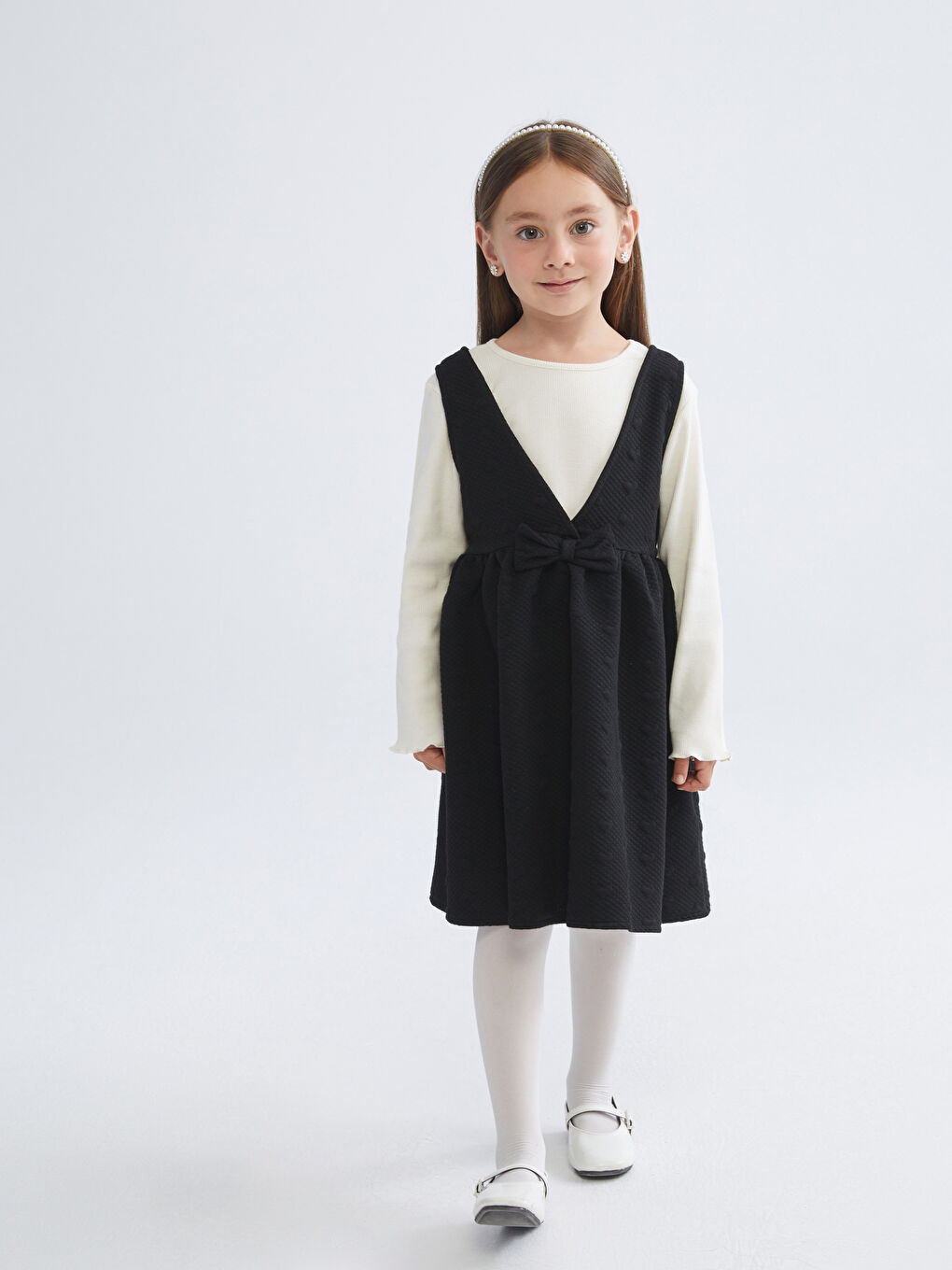 Siyah Fiyonk Detaylı Kız Çocuk Elbise ve Tişört-1