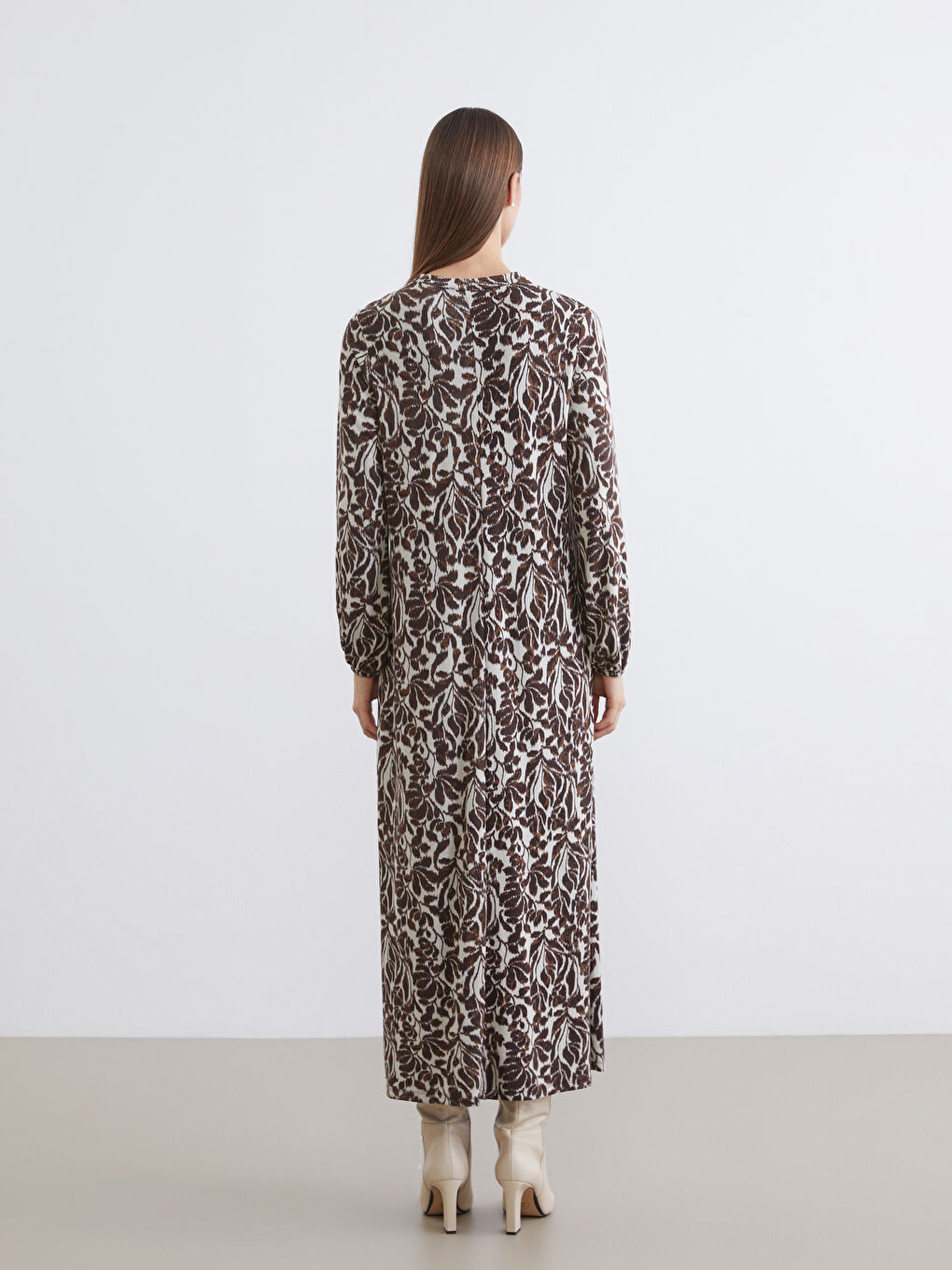 Kahverengi Bisiklet Yaka Desenli A Kesim Elbise-3