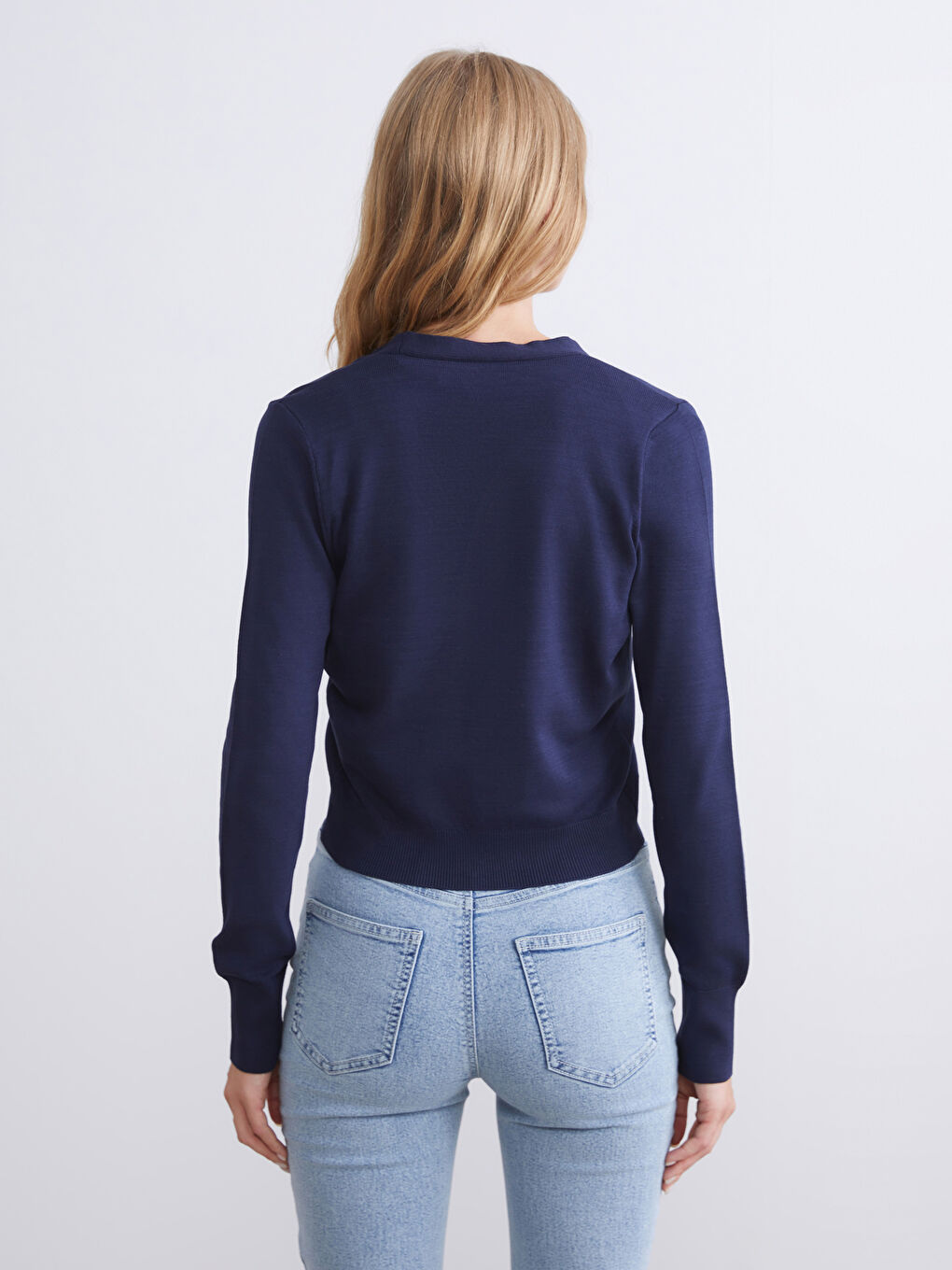 Lacivert V Yaka Nakışlı Kadın Triko Hırka-3