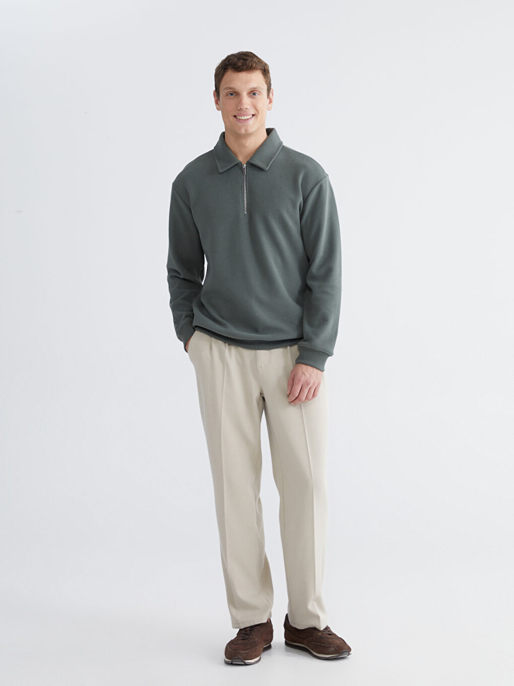 Yeşil Polo Yaka Erkek Sweatshirt-1