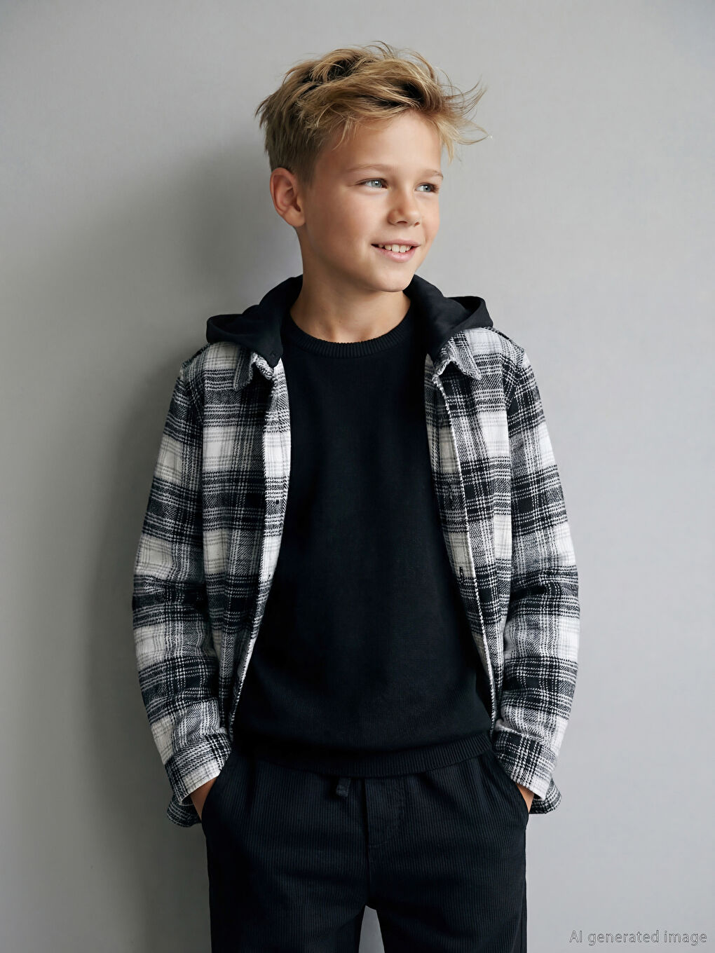 Gri Kapüşonlu Ekose Erkek Çocuk Gömlek