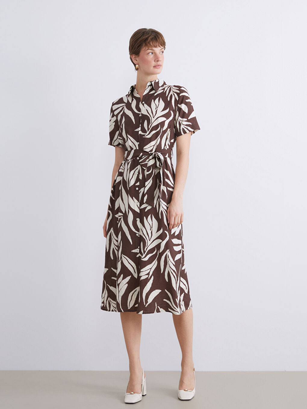 Kahverengi Desenli Kuşaklı Gömlek Elbise-2