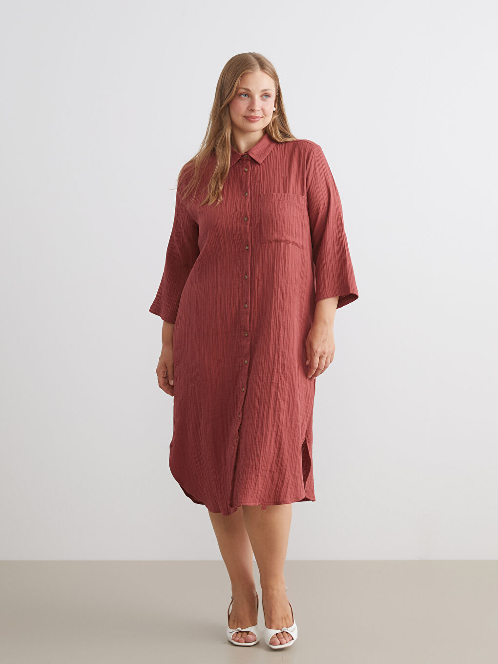 Kırmızı Dokulu Müslin Gömlek Elbise-1