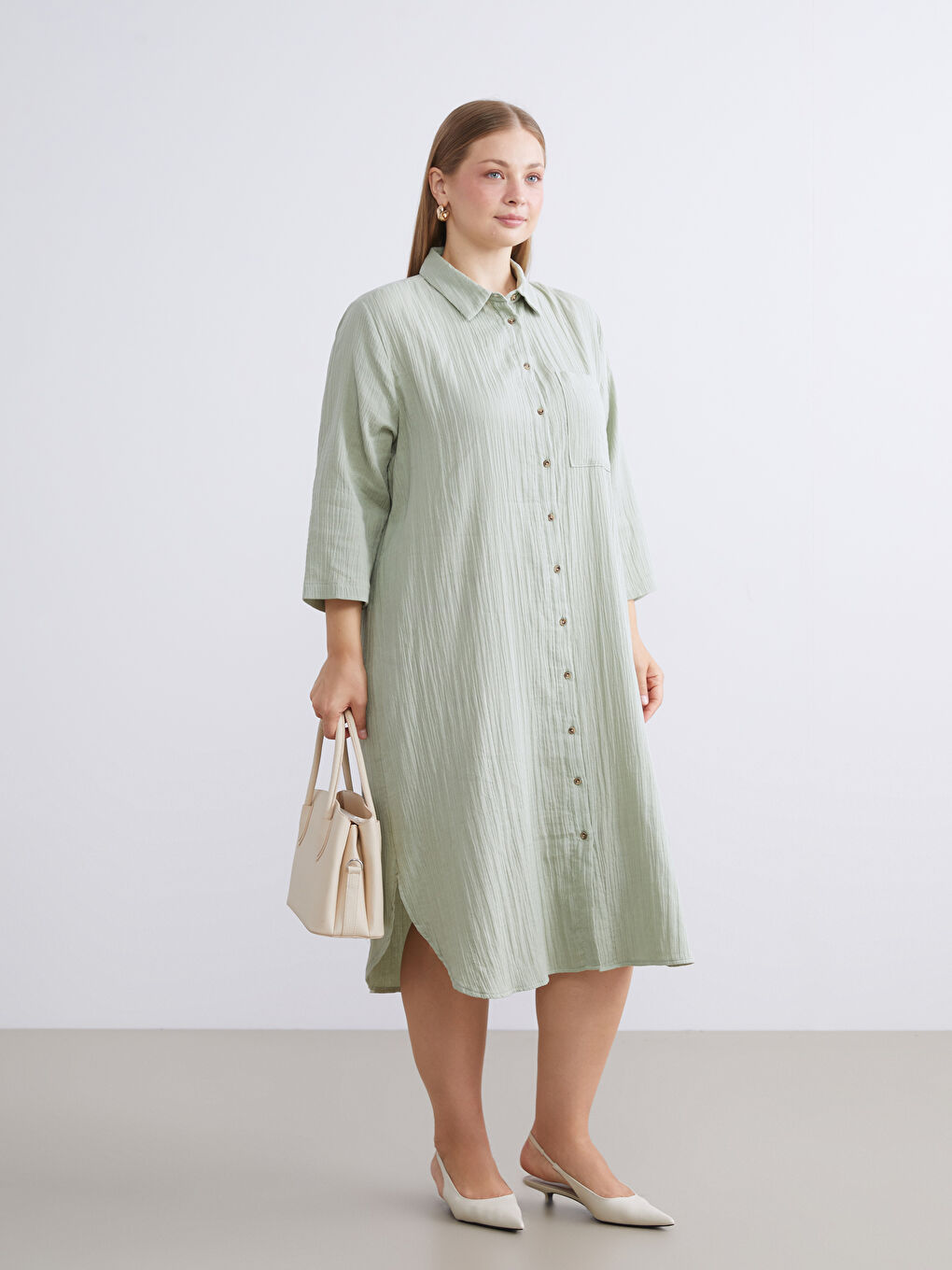 Yeşil Dokulu Müslin Gömlek Elbise-1