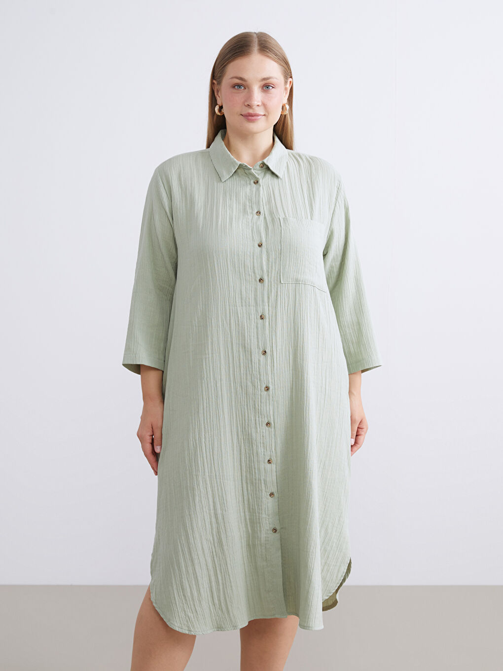 Yeşil Dokulu Müslin Gömlek Elbise-5