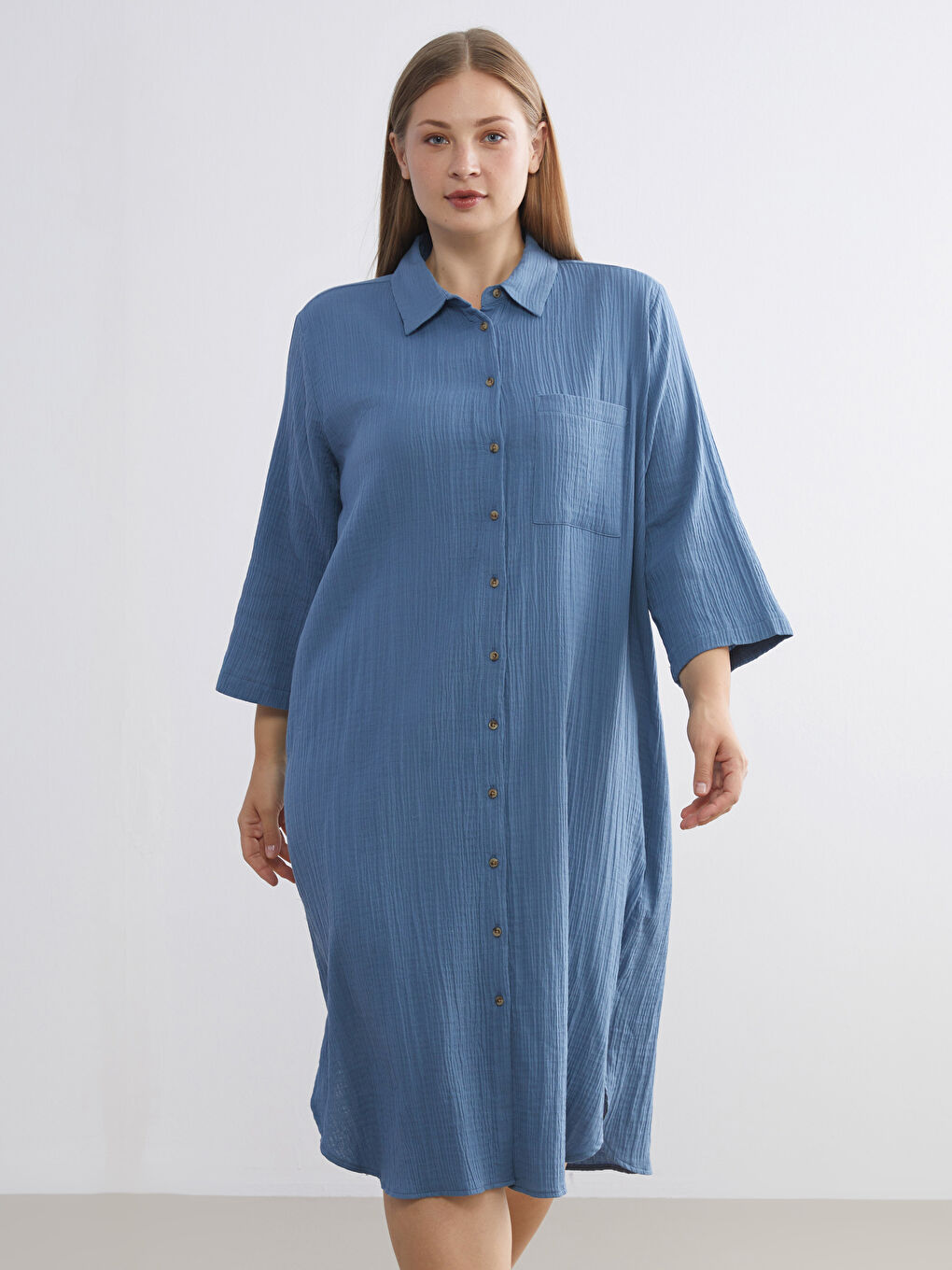 Mavi Dokulu Müslin Gömlek Elbise-5