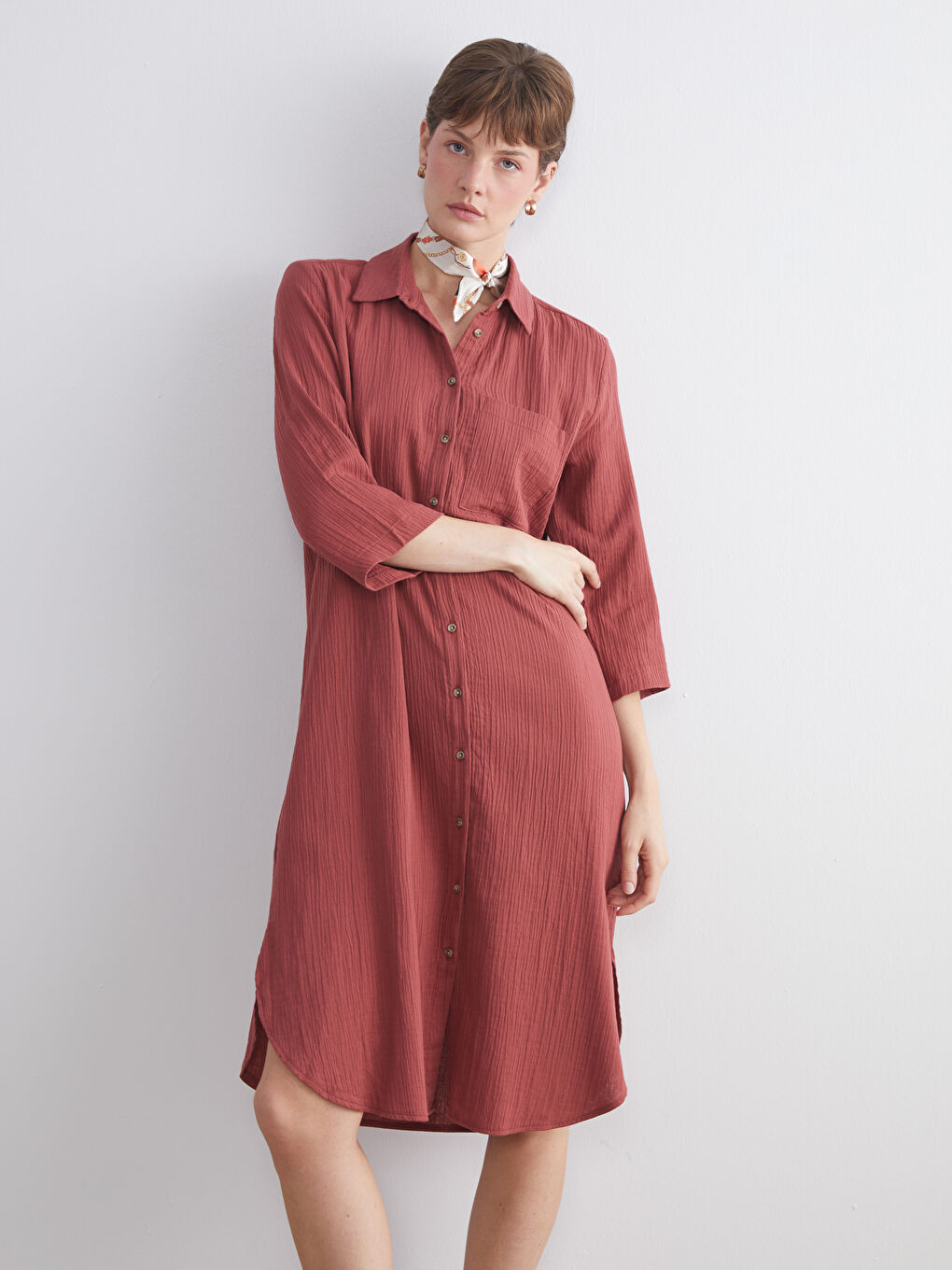 Kırmızı Dokulu Müslin Gömlek Elbise-2