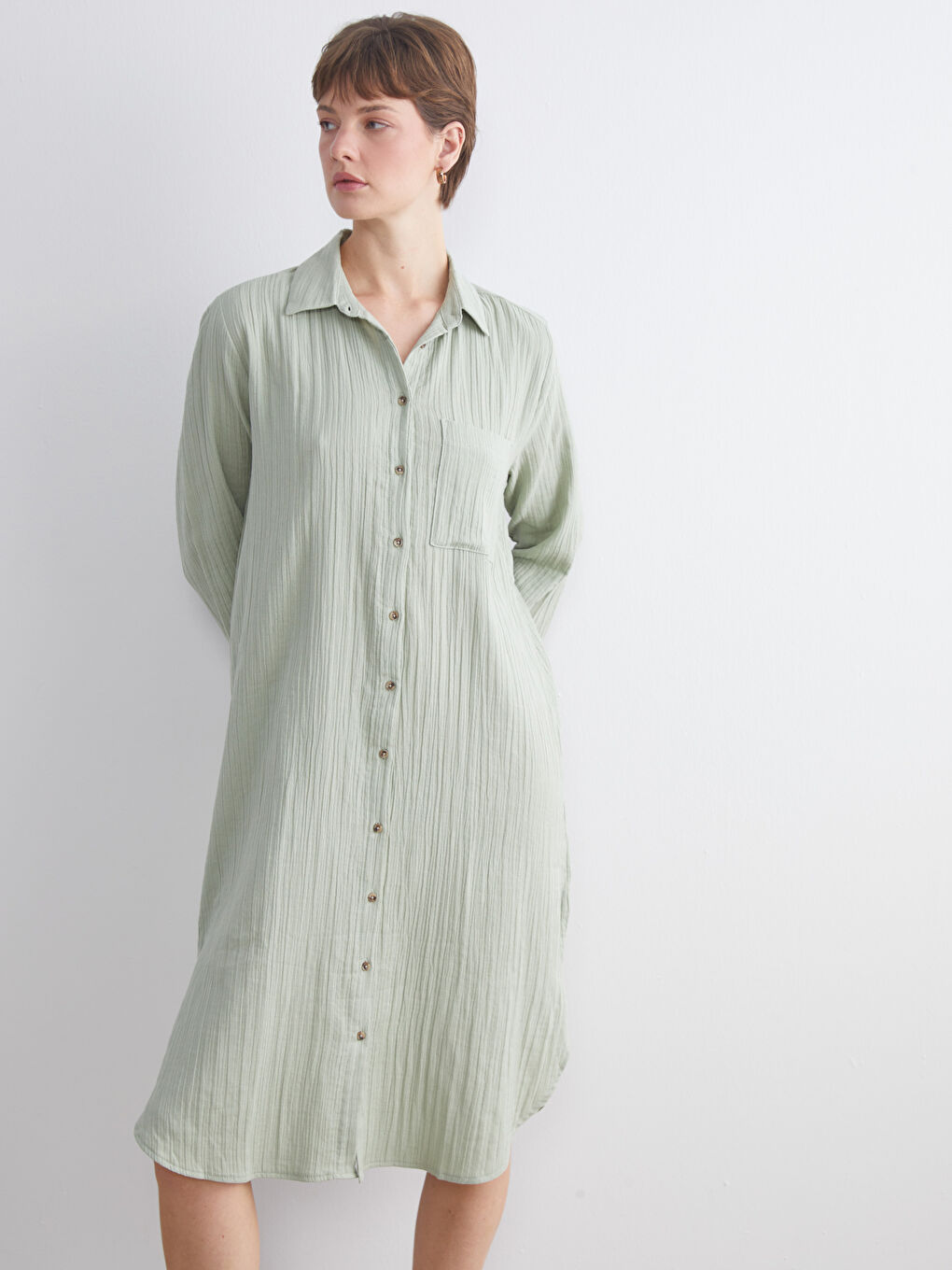Yeşil Dokulu Müslin Gömlek Elbise-2