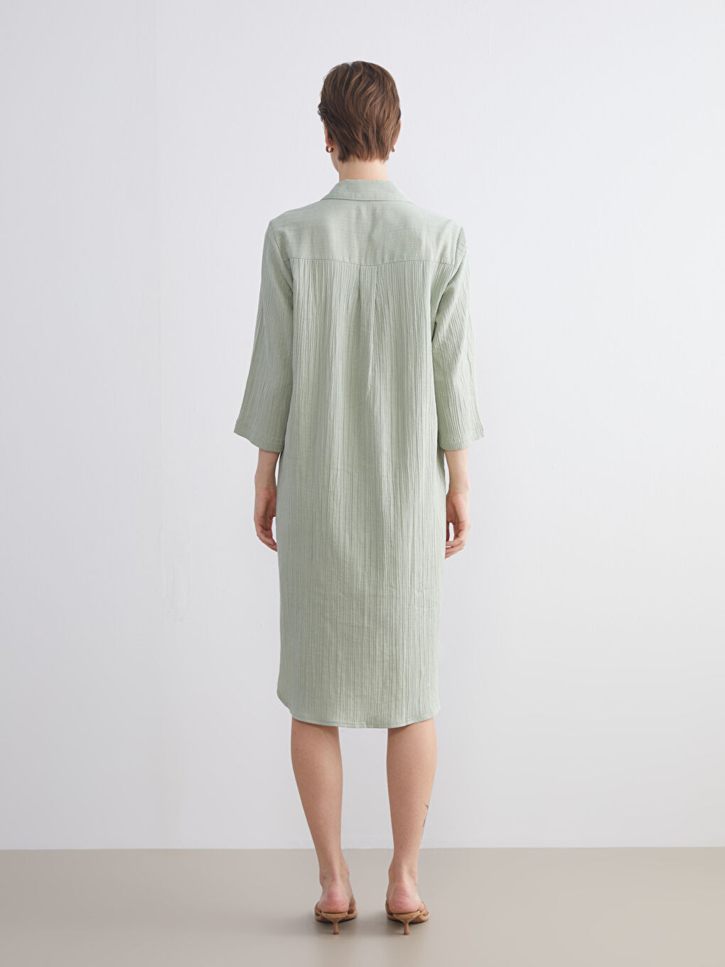 Yeşil Dokulu Müslin Gömlek Elbise-4