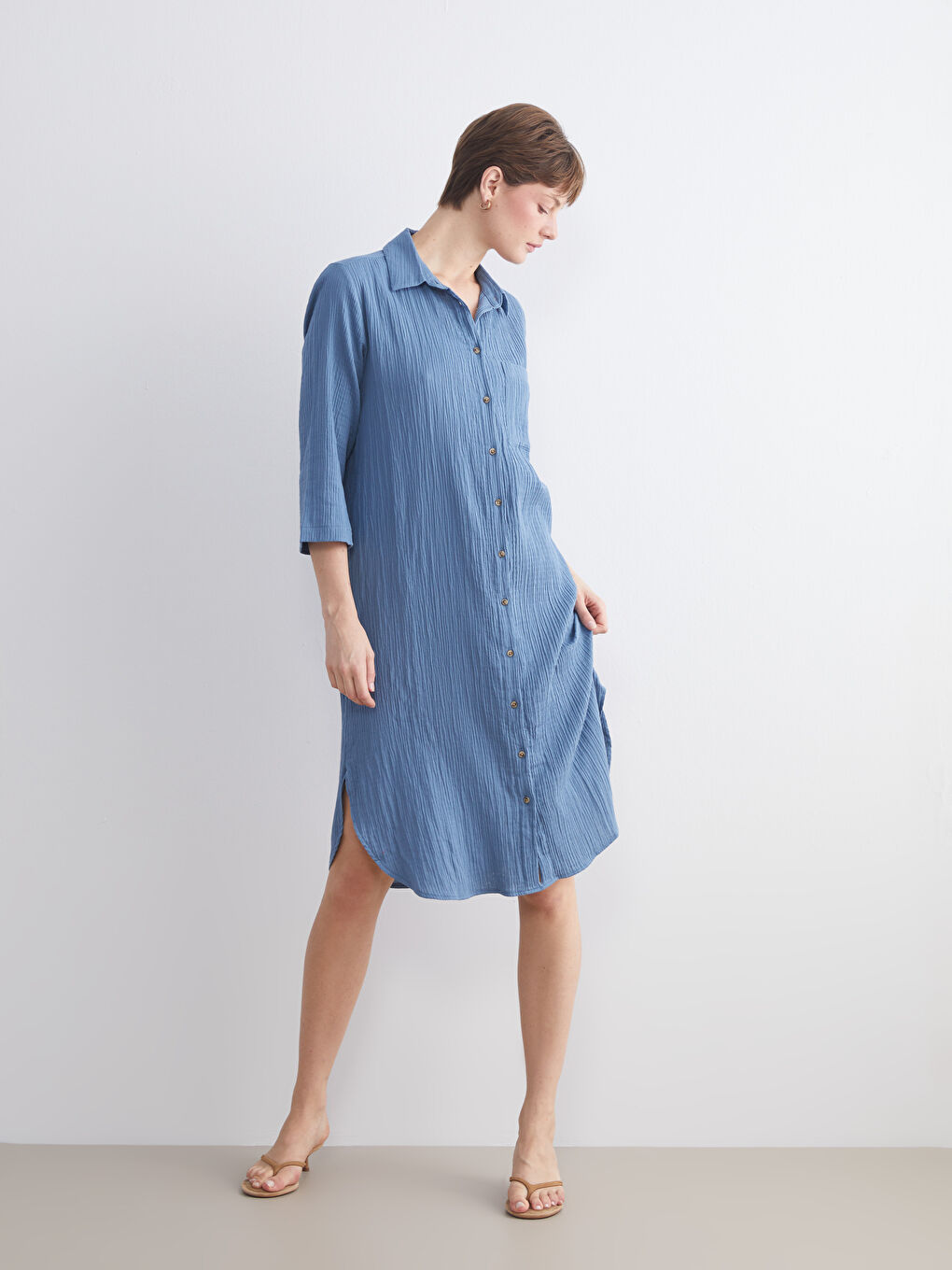 Mavi Dokulu Müslin Gömlek Elbise-2
