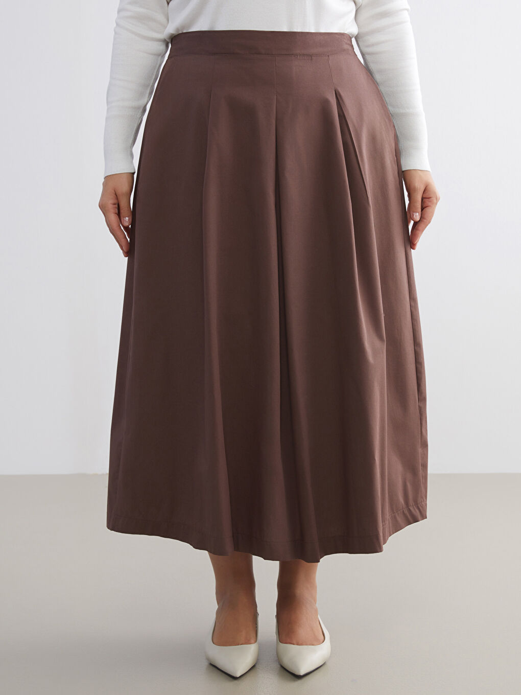 Kahverengi Beli Lastikli Poplin Pileli Etek-5