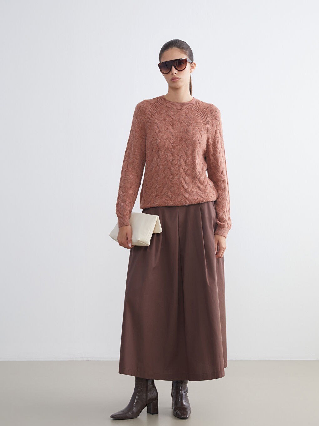 Kahverengi Beli Lastikli Poplin Pileli Etek