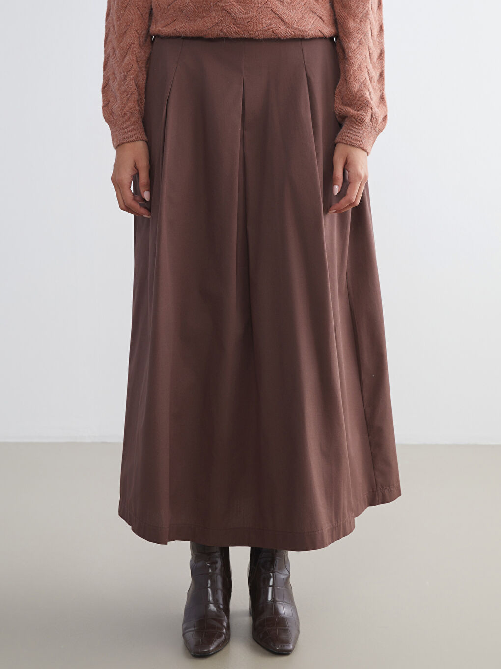 Kahverengi Beli Lastikli Poplin Pileli Etek-2