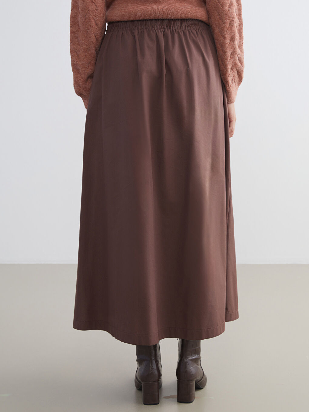 Kahverengi Beli Lastikli Poplin Pileli Etek-4