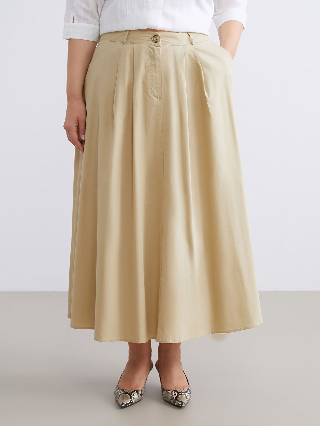 Bej Standart Fit Poplin Pileli Etek-5